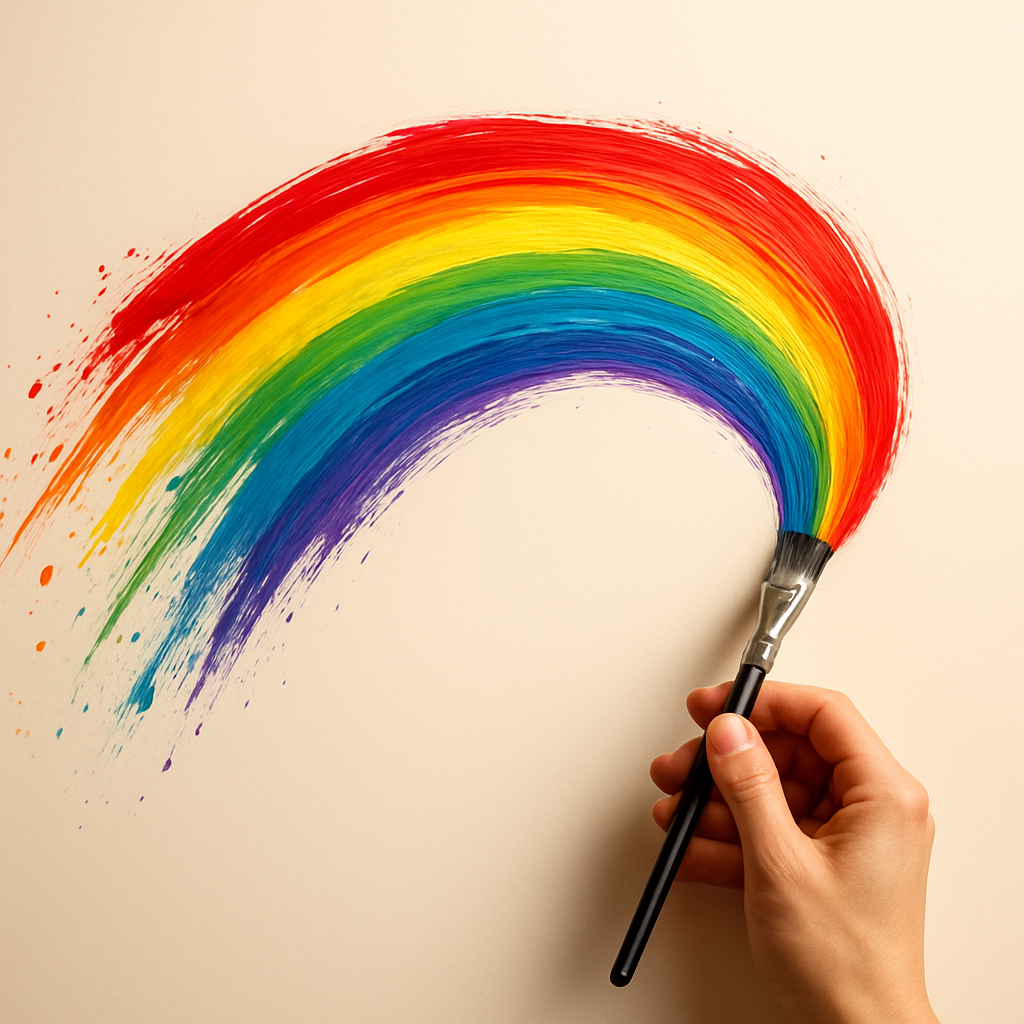 A paintbrush trailing vibrant rainbow paint in an artist's studio
